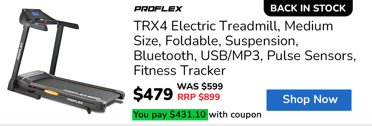 PROFLEX TRX4 Electric Treadmill, Medium Size, Foldable, Suspension, Bluetooth, USB/MP3, Pulse Sensors, Fitness Tracker