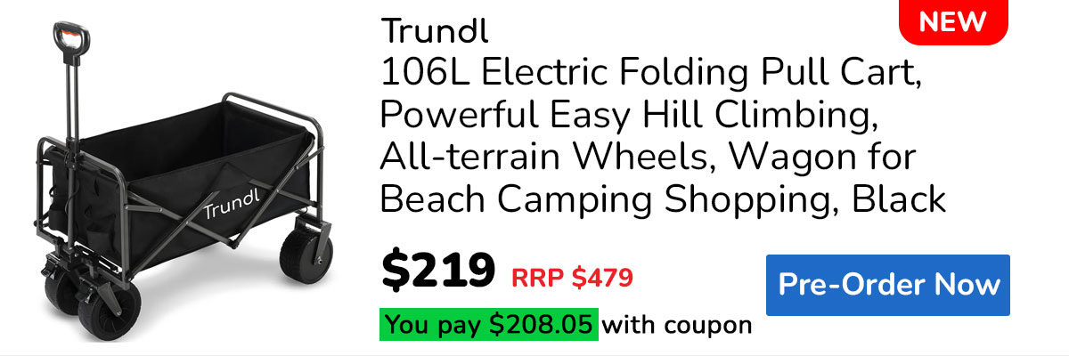 PRE-ORDER TRUNDL 106L Electric Folding Pull Cart, Powerful Easy Hill Climbing, All-terrain Wheels, Wagon for Beach Camping Shopping, Black