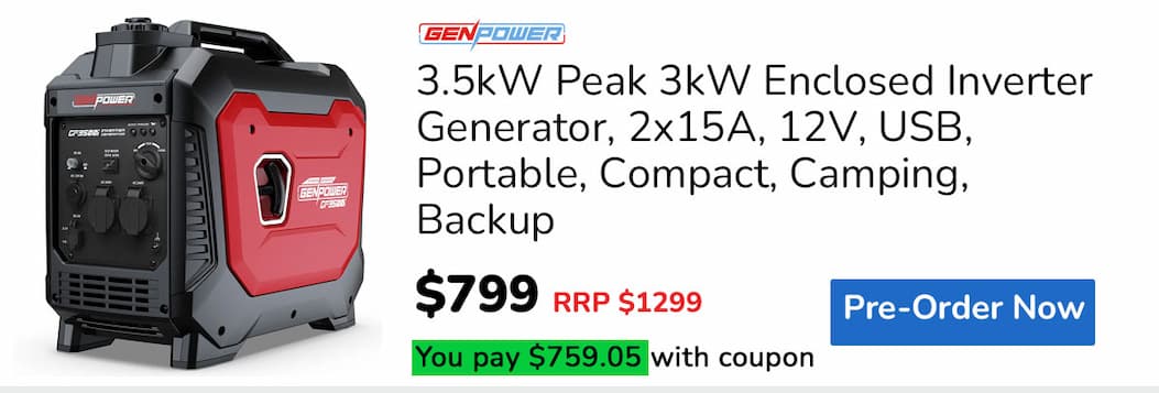 PRE-ORDER GENPOWER 3.5kW Peak 3kW Enclosed Inverter Generator, 2x15A, 12V, USB, Portable, Compact, Camping, Backup