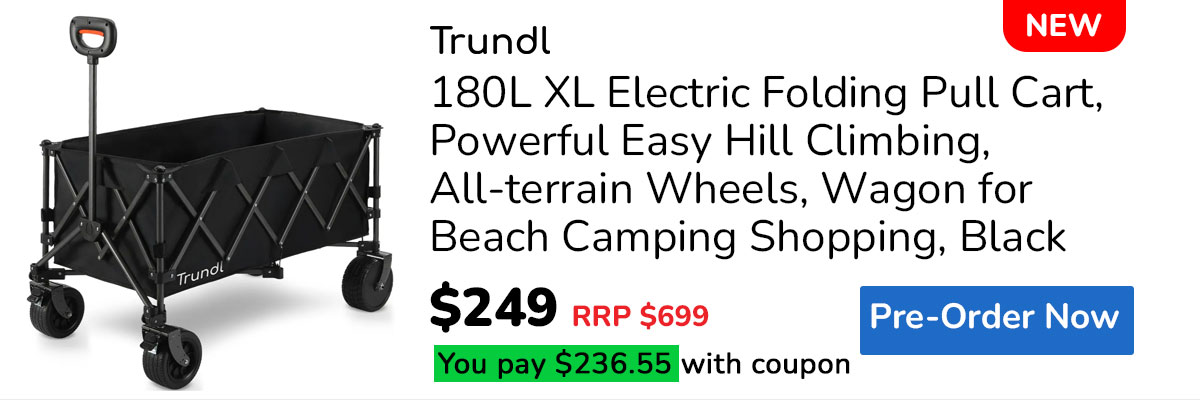 PRE-ORDER TRUNDL 180L XL Electric Folding Pull Cart, Powerful Easy Hill Climbing, All-terrain Wheels, Wagon for Beach Camping Shopping, Black