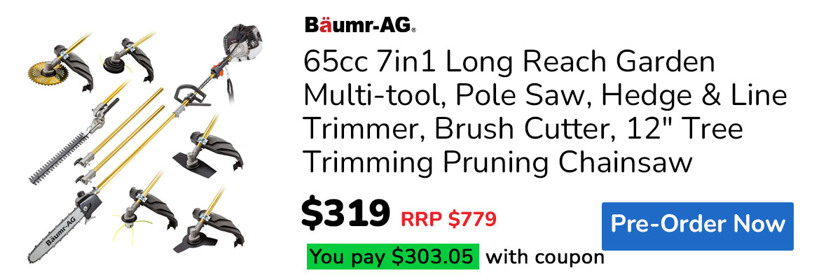 PRE-ORDER BAUMR-AG 65cc 7in1 Long Reach Garden Multi-tool, Pole Saw, Hedge & Line Trimmer, Brush Cutter, 12" Tree Trimming Pruning Chainsaw Bar, 2 Extension Shafts