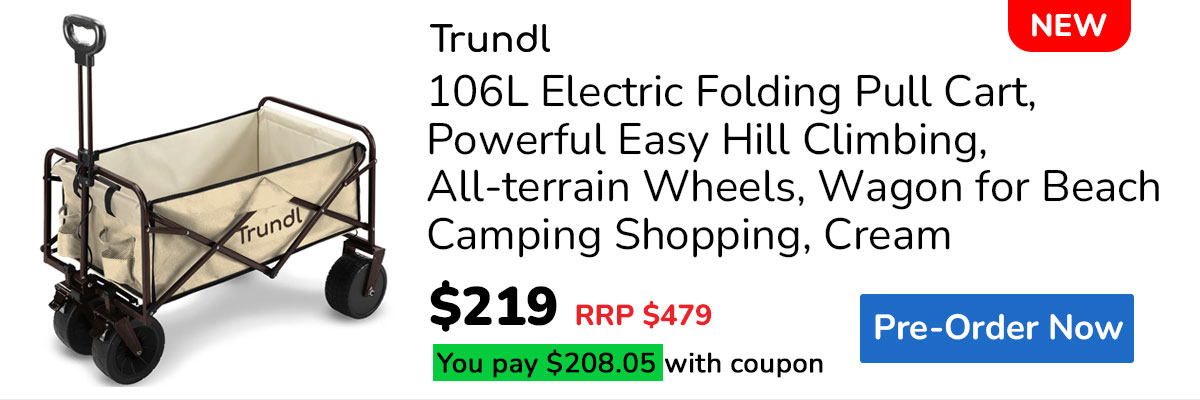 PRE-ORDER TRUNDL 106L Electric Folding Pull Cart, Powerful Easy Hill Climbing, All-terrain Wheels, Wagon for Beach Camping Shopping, Cream