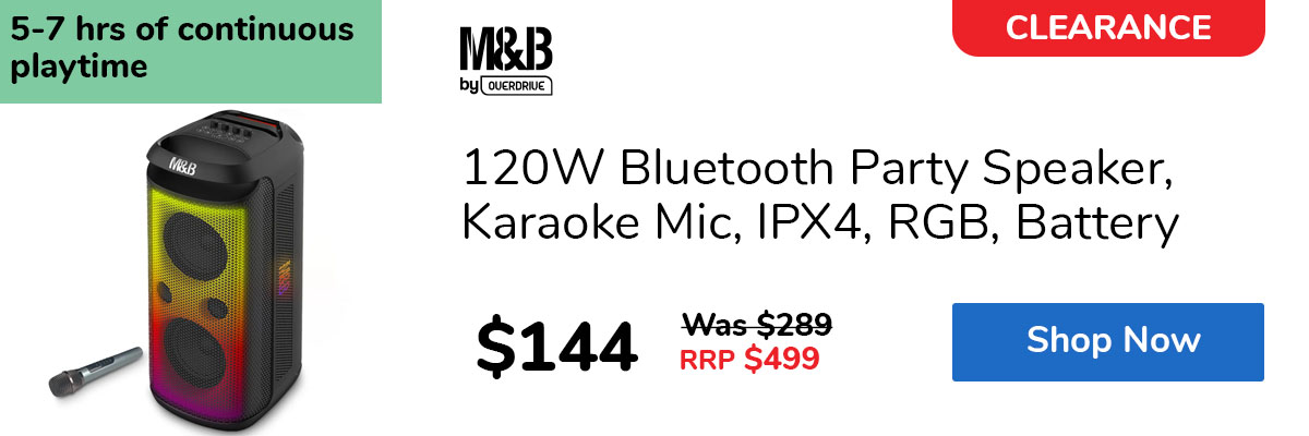 120W Bluetooth Party Speaker, Karaoke Mic, IPX4, RGB, Battery