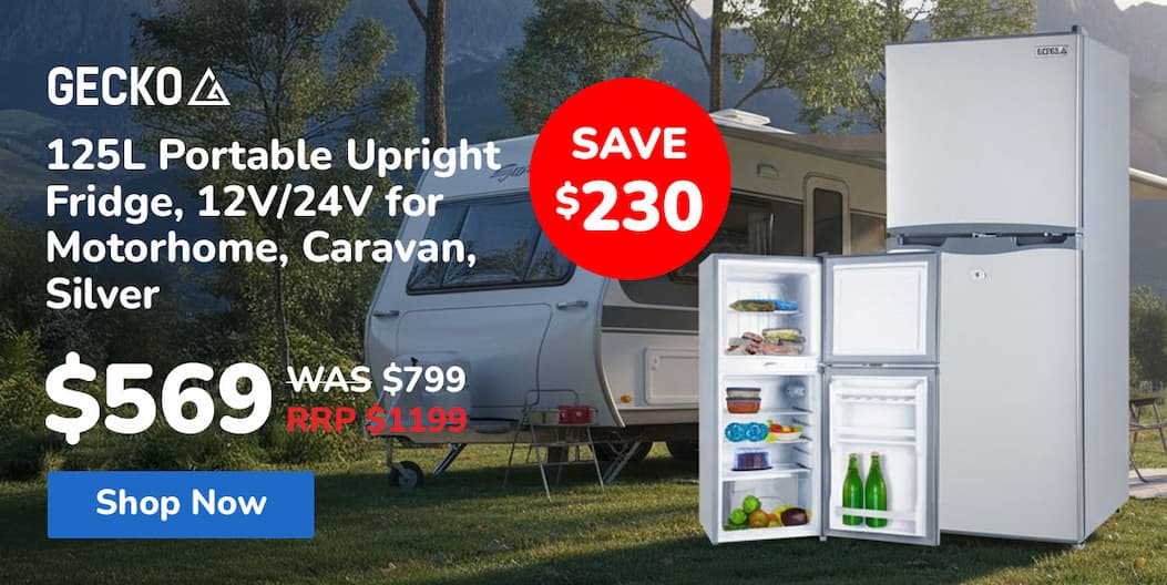 GECKO 125L Portable Upright Fridge, 12V/24V for Motorhome, Caravan, Silver