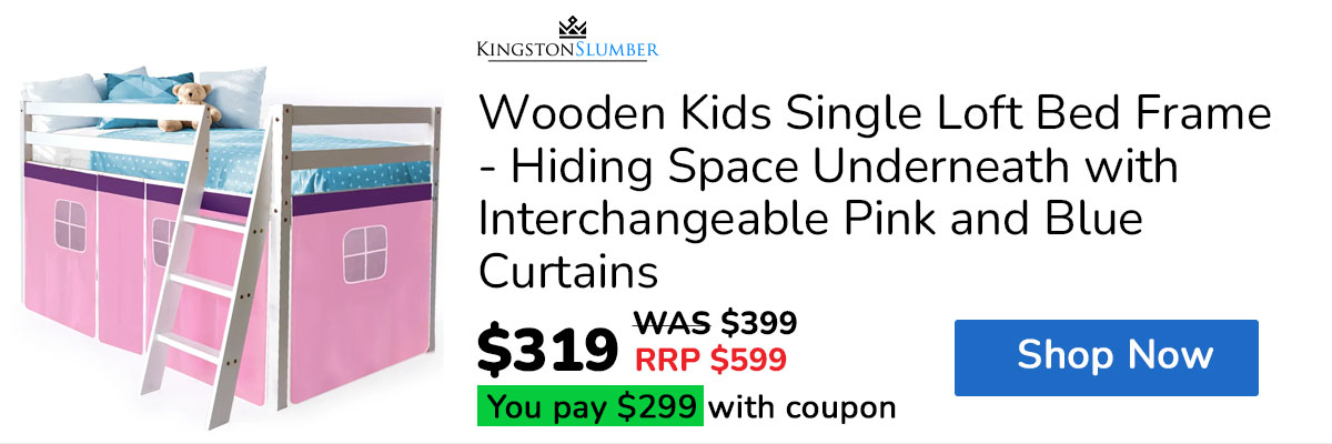 KINGSTON SLUMBER Wooden Kids Single Loft Bed Frame - Hiding Space Underneath with Interchangeable Pink and Blue Curtains