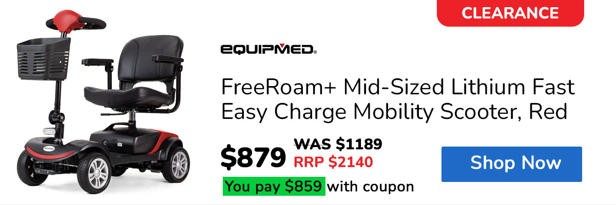 EQUIPMED FreeRoam+ Mid-Sized Lithium Fast Easy Charge Mobility Scooter, Red