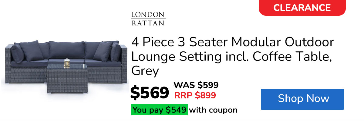 LONDON RATTAN 4 Piece 3 Seater Modular Outdoor Lounge Setting incl. Coffee Table, Grey