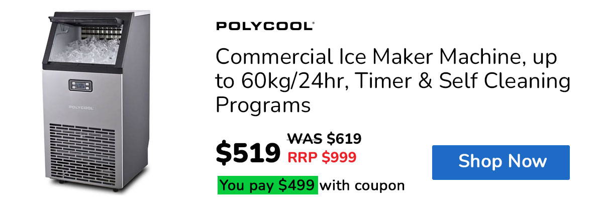 POLYCOOL Commercial Ice Maker Machine, up to 60kg/24hr, Timer & Self Cleaning Programs