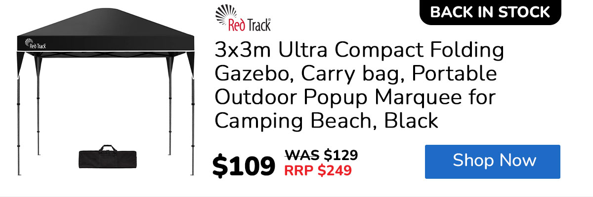 RED TRACK 3x3m Ultra Compact Folding Gazebo, Carry bag, Portable Outdoor Popup Marquee for Camping Beach, Black