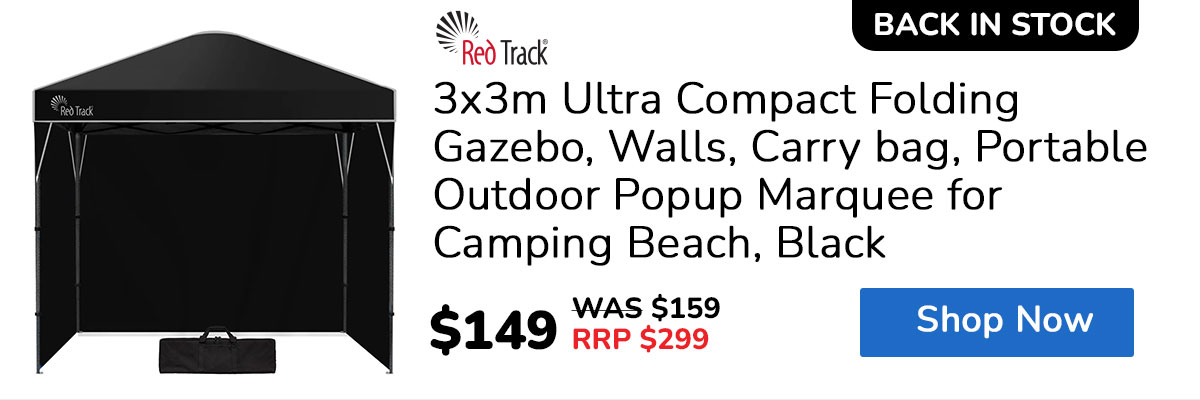 RED TRACK 3x3m Ultra Compact Folding Gazebo, Walls, Carry bag, Portable Outdoor Popup Marquee for Camping Beach, Black