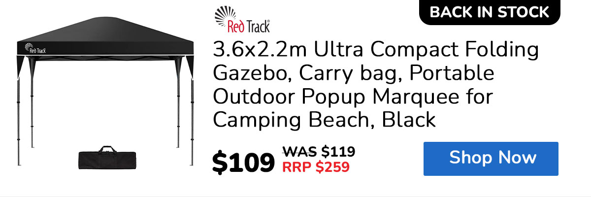 RED TRACK 3.6x2.2m Ultra Compact Folding Gazebo, Carry bag, Portable Outdoor Popup Marquee for Camping Beach, Black