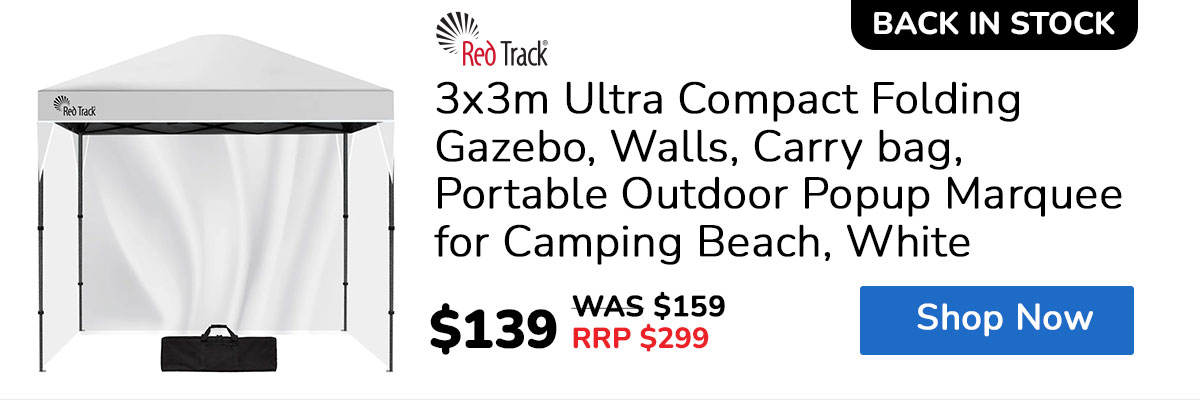 RED TRACK 3x3m Ultra Compact Folding Gazebo, Walls, Carry bag, Portable Outdoor Popup Marquee for Camping Beach, White