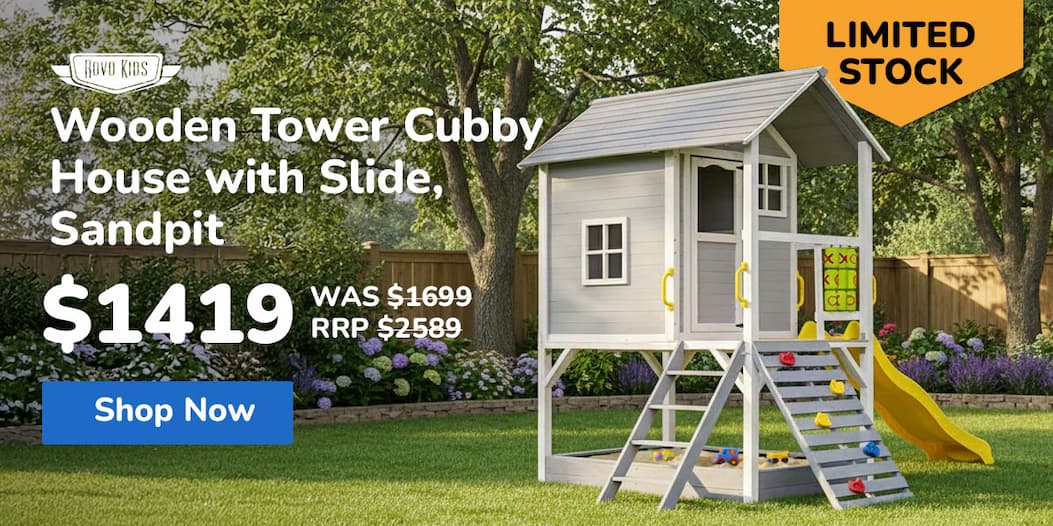 ROVO KIDS Wooden Tower Cubby House with Slide, Sandpit, Climbing Wall, Noughts & Crosses