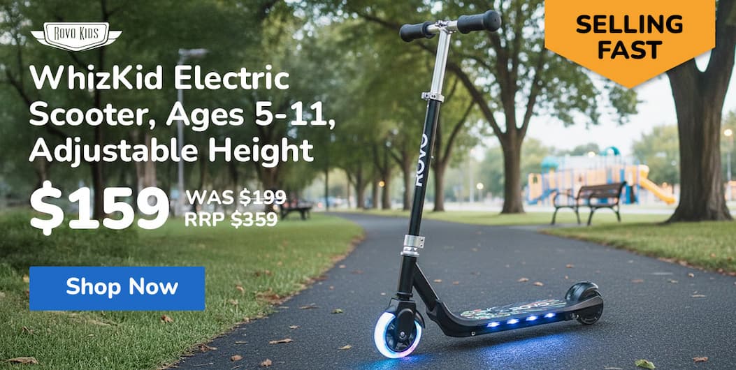 ROVO KIDS WhizKid Electric Scooter, Ages 5-11, Adjustable Height, AU Compliant, Lithium Battery, Brushless Motor, Black