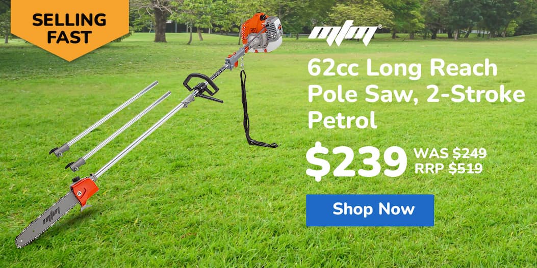 MTM 62cc Long Reach Pole Saw, 2-Stroke Petrol, 12" Tree Trimming Pruning Chainsaw Bar, 2 Extension Shafts