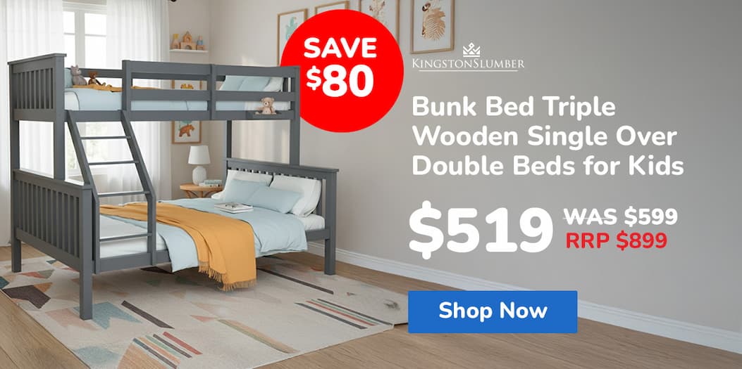 KINGSTON SLUMBER Bunk Bed Triple Wooden Single Over Double Beds for Kids, Solid Pine Wood, Convertible Design, Grey