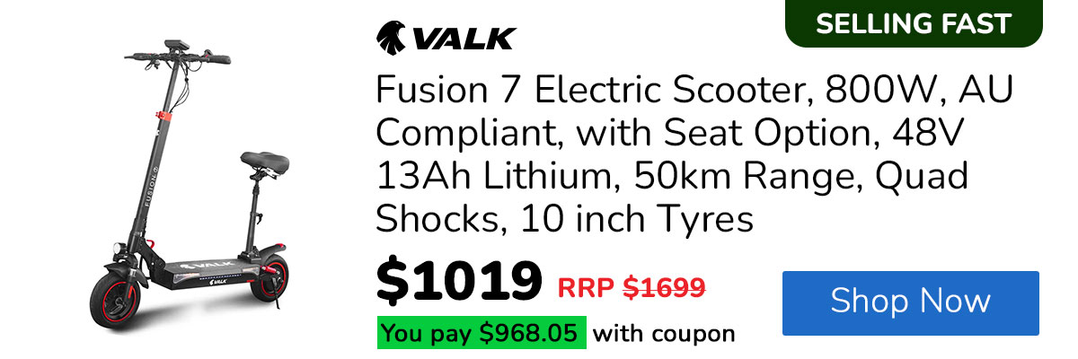 VALK Fusion 7 Electric Scooter, 800W, AU Compliant, with Seat Option, 48V 13Ah Lithium, 50km Range, Quad Shocks, 10 inch Tyres