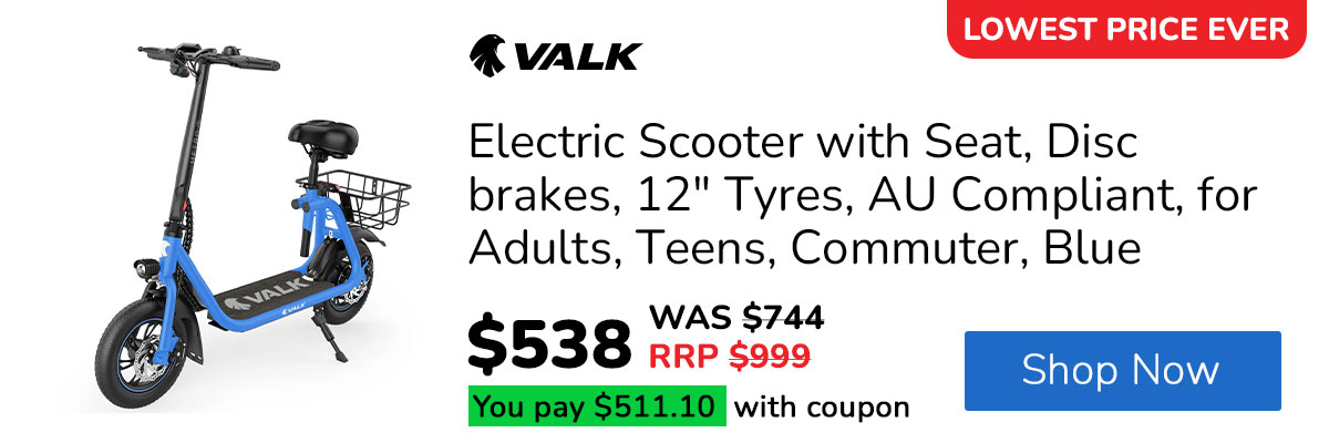 VALK Electric Scooter with Seat, Disc brakes, 12" Tyres, AU Compliant, for Adults, Teens, Commuter, Blue