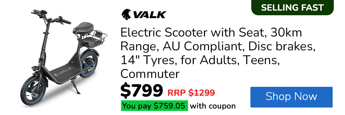 VALK Electric Scooter with Seat, 30km Range, AU Compliant, Disc brakes, 14" Tyres, for Adults, Teens, Commuter