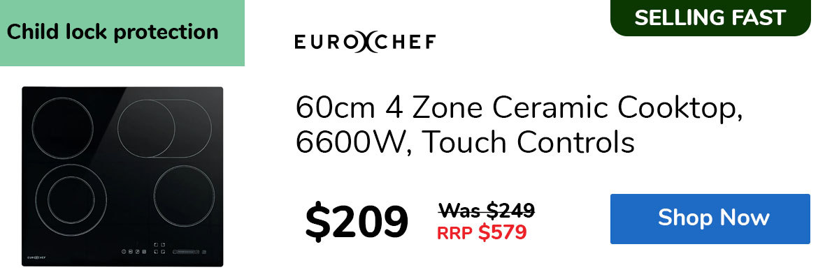 60cm 4 Zone Ceramic Cooktop, 6600W, Touch Controls