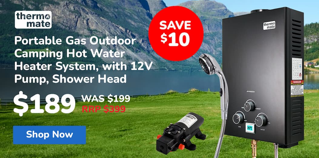 THERMOMATE Portable Gas Outdoor Camping Hot Water Heater System, with 12V Pump, Shower Head, Black