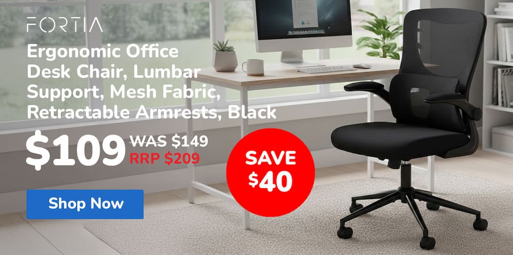 FORTIA Ergonomic Office Desk Chair, Lumbar Support, Mesh Fabric, Retractable Armrests, Black
