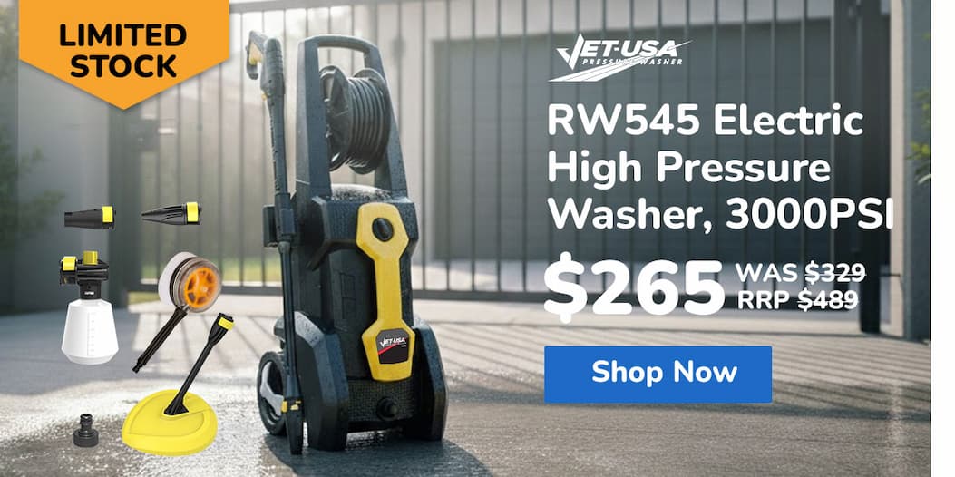 JET-USA RW545 Electric High Pressure Washer, 3000PSI Water Cooled Motor, 2 Nozzles, Brush Head, Deck Cleaner, Detergent Bottle