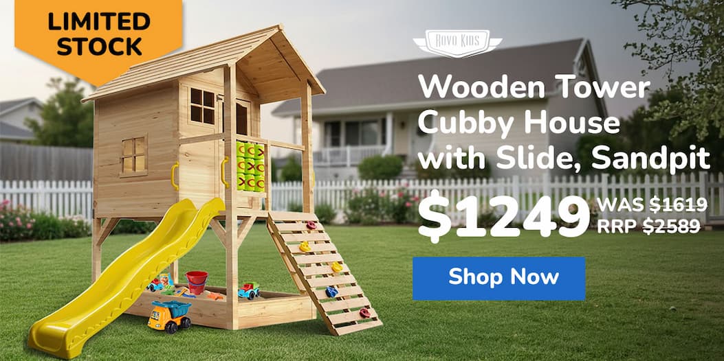 ROVO KIDS Wooden Tower Cubby House with Slide, Sandpit, Climbing Wall, Noughts & Crosses, Natural Colour