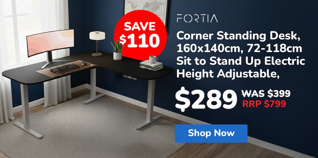 FORTIA Corner Standing Desk, 160x140cm, 72-118cm Sit to Stand Up Electric Height Adjustable, Black Desktop/Silver Frame
