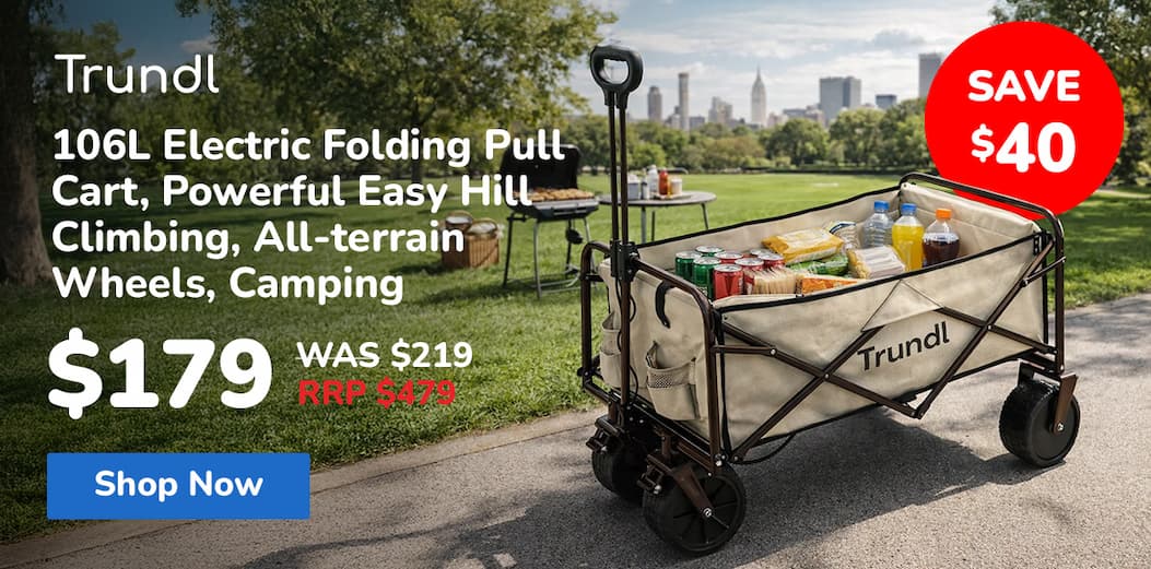 TRUNDL 106L Electric Folding Pull Cart, Powerful Easy Hill Climbing, All-terrain Wheels, Wagon for Beach Camping Shopping, Cream