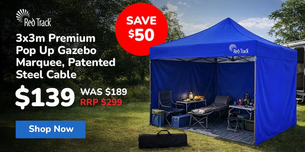 RED TRACK 3x3m Premium Pop Up Gazebo Marquee, Patented Steel Cable Canopy Support System, Wheeled Carry Bag, Side Walls, UV Block, Reinforced Frame, Blue