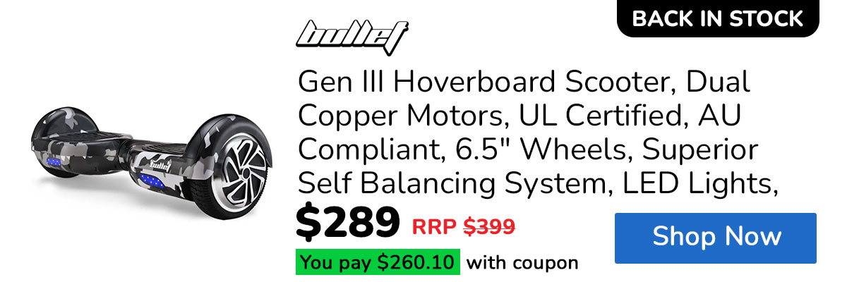 BULLET Gen III Hoverboard Scooter, Dual Copper Motors, UL Certified, AU Compliant, 6.5" Wheels, Superior Self Balancing System, LED Lights, Carry Bag, Camo Grey
