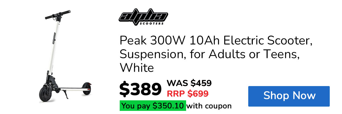 ALPHA Peak 300W 10Ah Electric Scooter, Suspension, for Adults or Teens, White