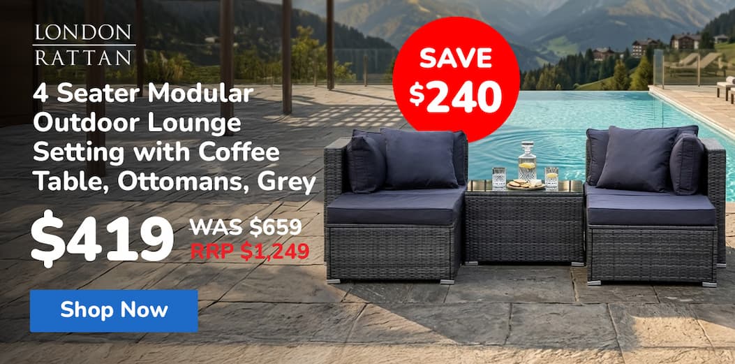 LONDON RATTAN 4 Seater Modular Outdoor Lounge Setting with Coffee Table, Ottomans, Grey