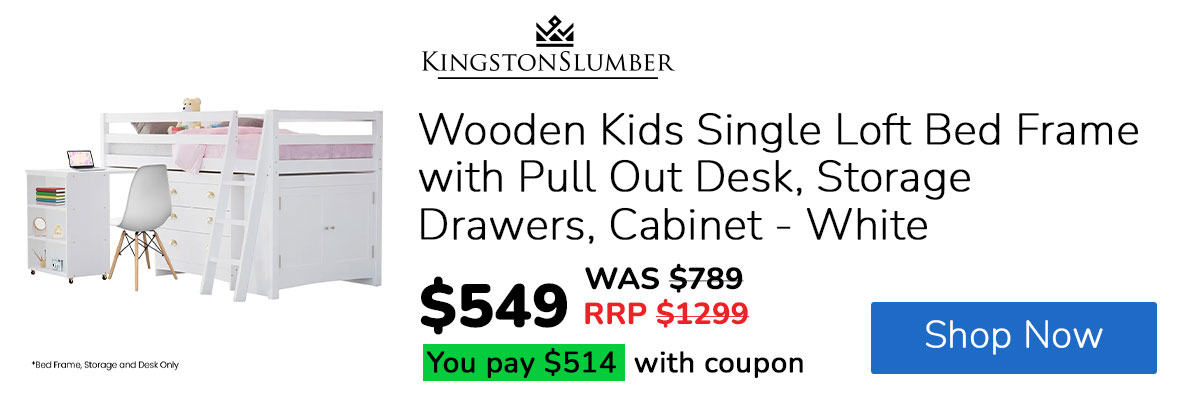 KINGSTON SLUMBER Wooden Kids Single Loft Bed Frame with Pull Out Desk, Storage Drawers, Cabinet - White