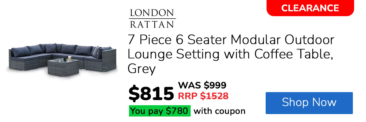 LONDON RATTAN 7 Piece 6 Seater Modular Outdoor Lounge Setting with Coffee Table, Grey