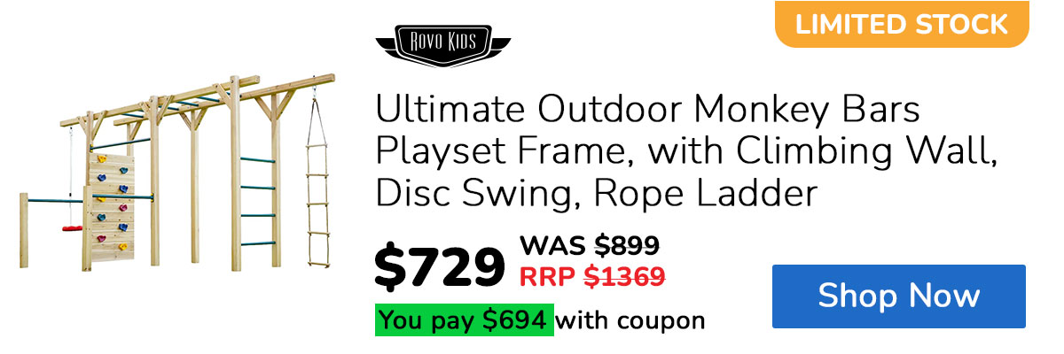 ROVO KIDS Ultimate Outdoor Monkey Bars Playset Frame, with Climbing Wall, Disc Swing, Rope Ladder