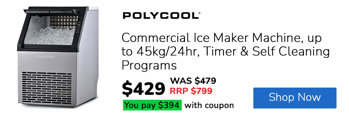 POLYCOOL Commercial Ice Maker Machine, up to 45kg/24hr, Timer & Self Cleaning Programs