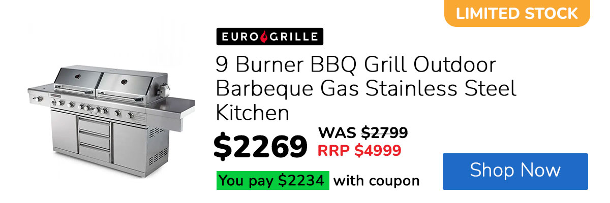 EuroGrille 9 Burner BBQ Grill Outdoor Barbeque Gas Stainless Steel Kitchen