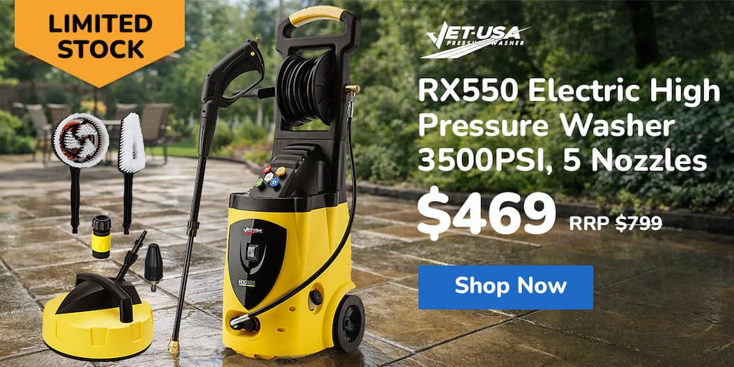 JET-USA RX550 Electric High Pressure Washer 3500PSI, 5 Nozzles, Spin & Wheel Brush, Deck Cleaner, Turbo Head, 10M Hose