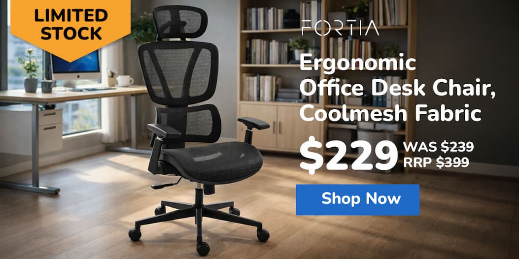 FORTIA Ergonomic Office Desk Chair, Coolmesh Fabric, Adjustable Lumbar Support, Headrest, Armrest and Recline, Black Mesh/Black Frame