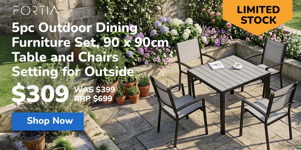 FORTIA 5pc Outdoor Dining Furniture Set, 90 x 90cm Table and Chairs Setting for Outside