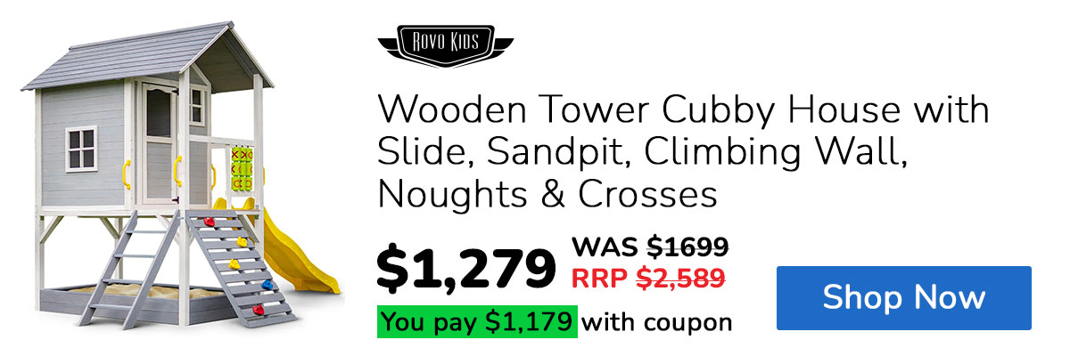 ROVO KIDS Wooden Tower Cubby House with Slide, Sandpit, Climbing Wall, Noughts & Crosses