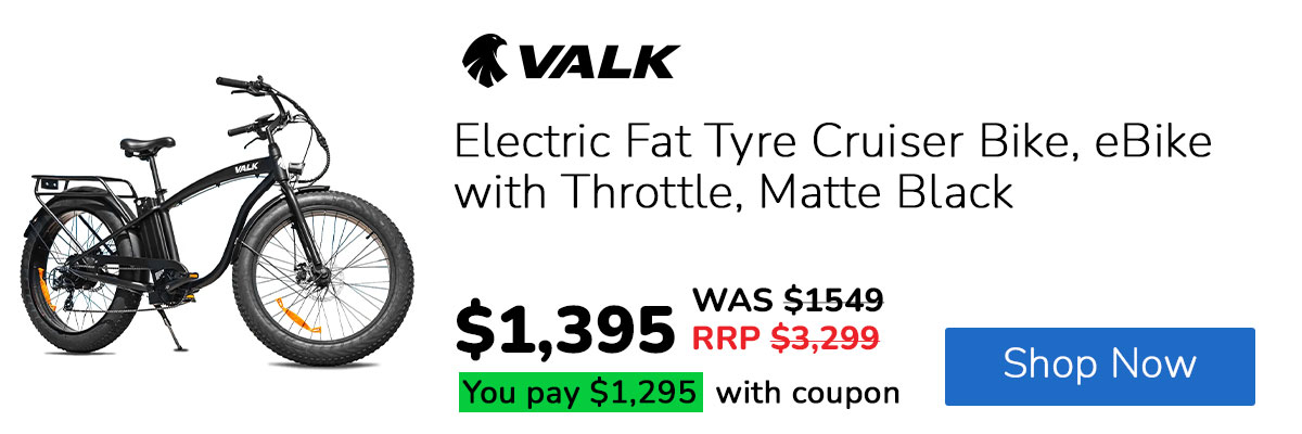 VALK Electric Fat Tyre Cruiser Bike, eBike with Throttle, Matte Black