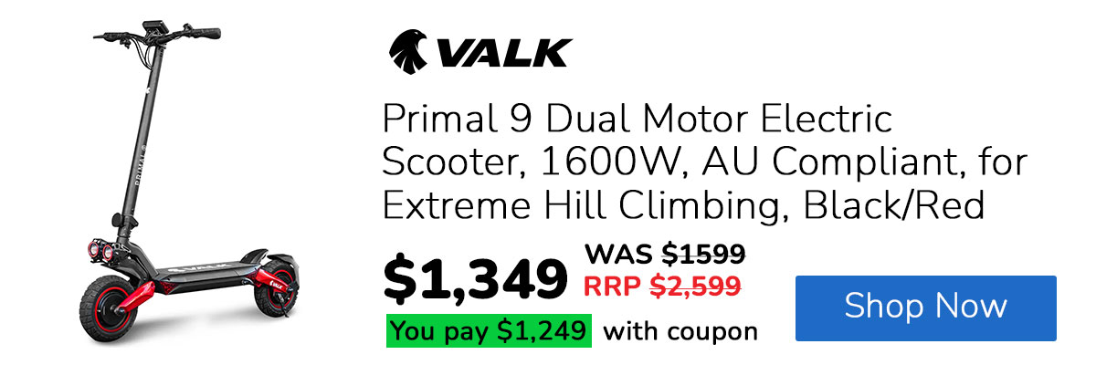 VALK Primal 9 Dual Motor Electric Scooter, 1600W, AU Compliant, for Extreme Hill Climbing, Black/Red
