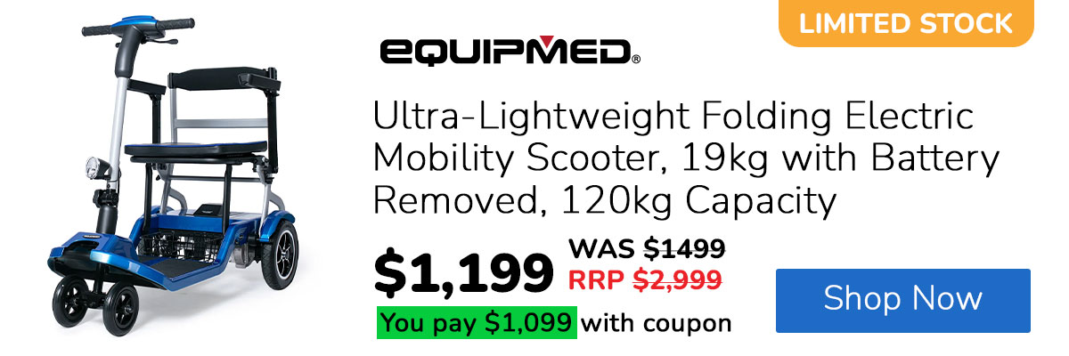 EQUIPMED Ultra-Lightweight Folding Electric Mobility Scooter, 19kg with Battery Removed, 120kg Capacity, Long Range, Brushless Motor, Portable, Blue