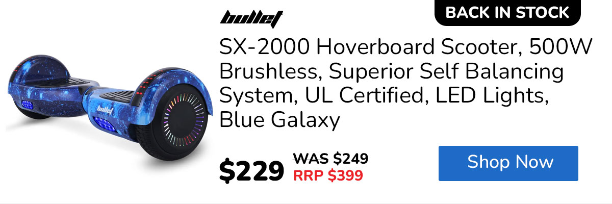 BULLET SX-2000 Hoverboard Scooter, 500W Brushless, Superior Self Balancing System, UL Certified, LED Lights, Blue Galaxy