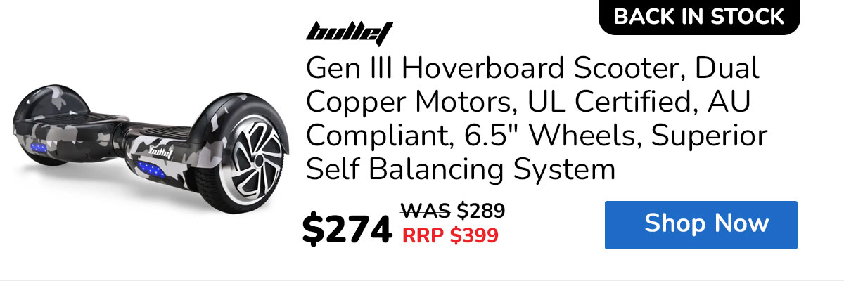 BULLET Gen III Hoverboard Scooter, Dual Copper Motors, UL Certified, AU Compliant, 6.5" Wheels, Superior Self Balancing System, LED Lights, Carry Bag, Camo Grey
