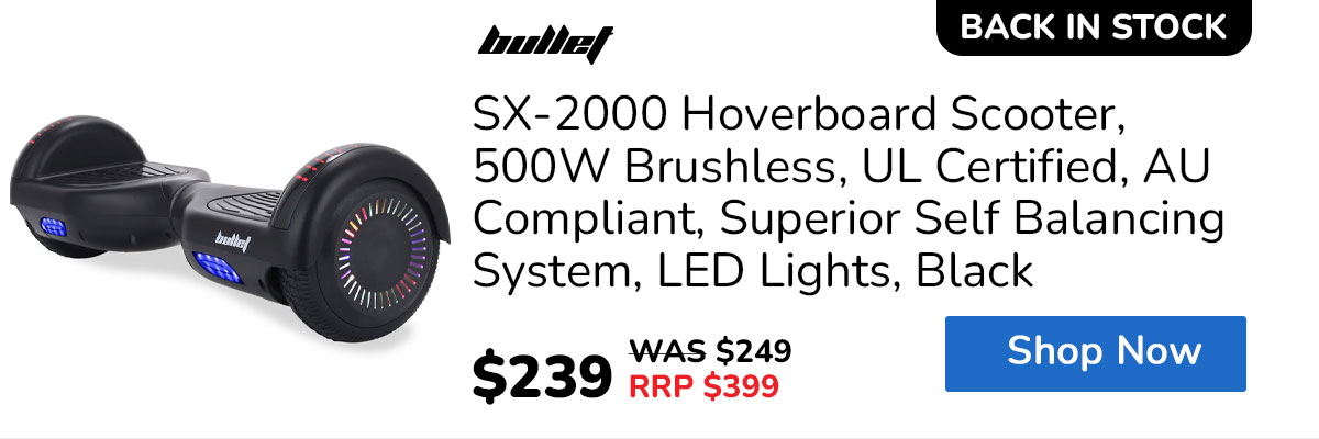 BULLET SX-2000 Hoverboard Scooter, 500W Brushless, UL Certified, AU Compliant, Superior Self Balancing System, LED Lights, Black