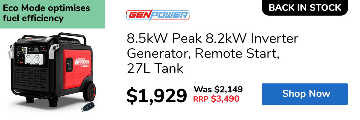 8.5kW Peak 8.2kW Inverter Generator, Remote Start, 27L Tank